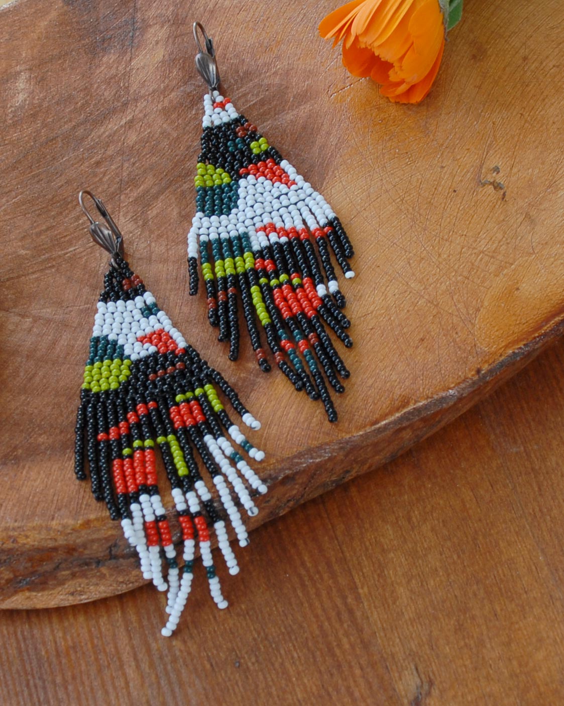 WHITE RED GOLD SEED BEADS BUTTERFLY BEADED NATIVE STYLE INSPIRED EARRINGS